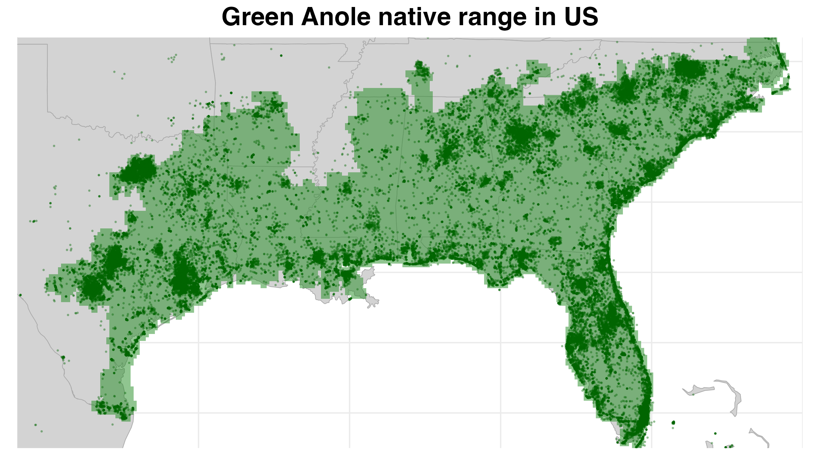 Range map of Anolis carolinensis