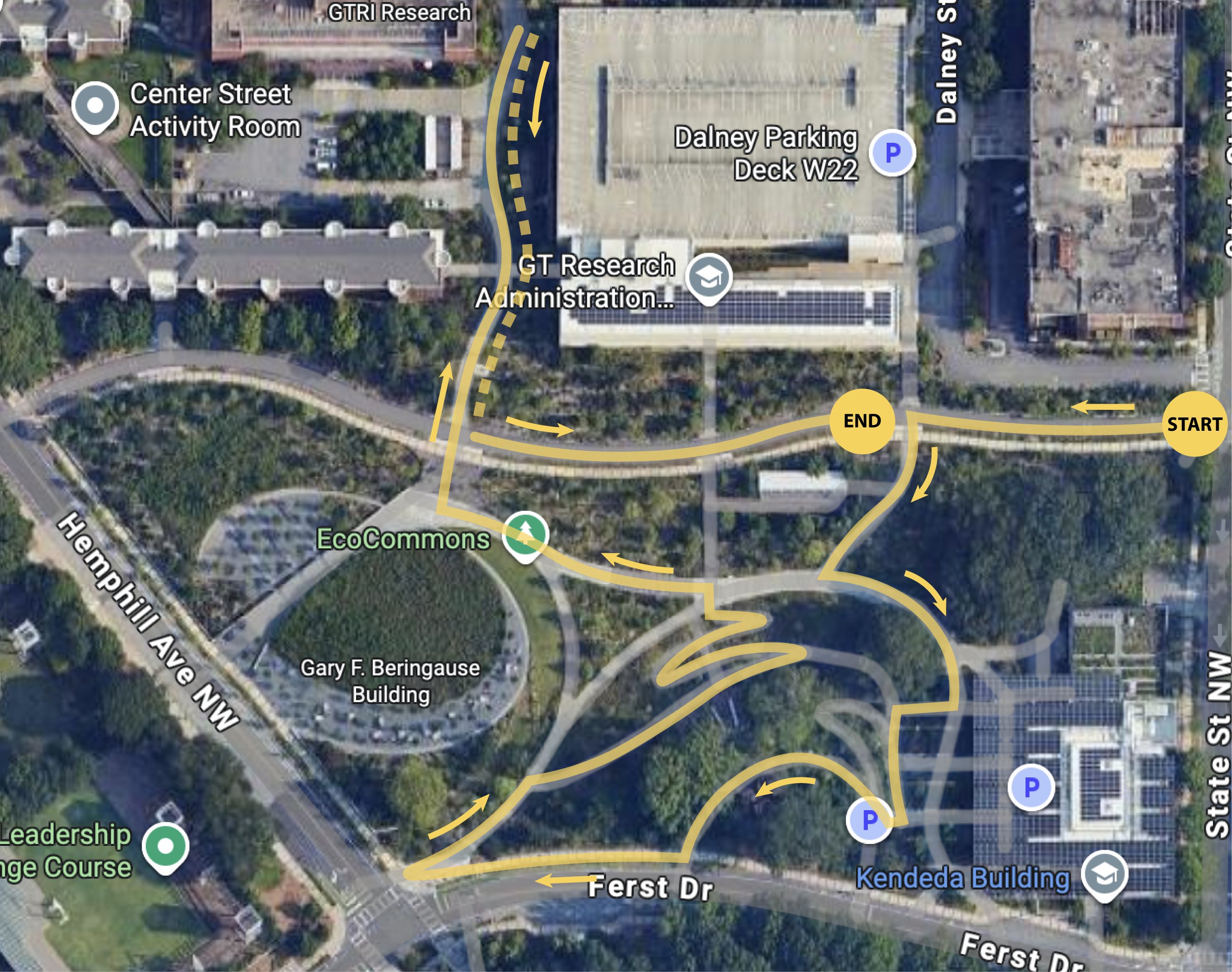 Aerial map of the GT EcoCommons study site showing the survey transect route marked in yellow, starting near State Street NW and ending near the GTRI Research area, passing through the EcoCommons natural area.